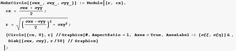 MohrCircle[{σxx_, σxy_, σyy_}] := Module[{r, cx}, cx = (σxx + ` ... 8;, σξη}] & , Disk[{σxx, σxy}, r/50] // Graphics} ] ;